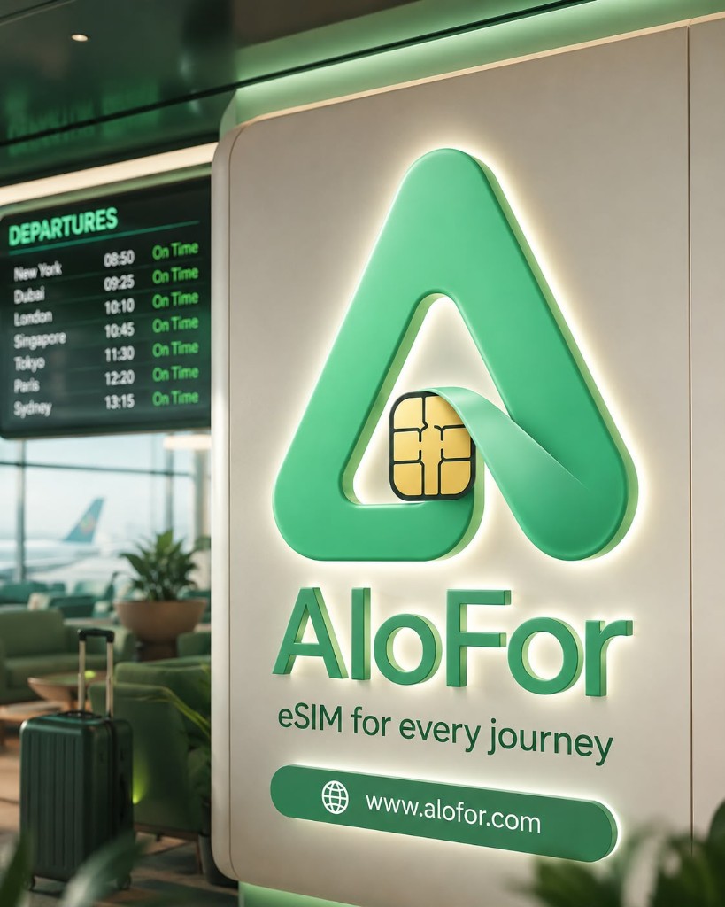 AloFor airport brand display — eSIM for every journey