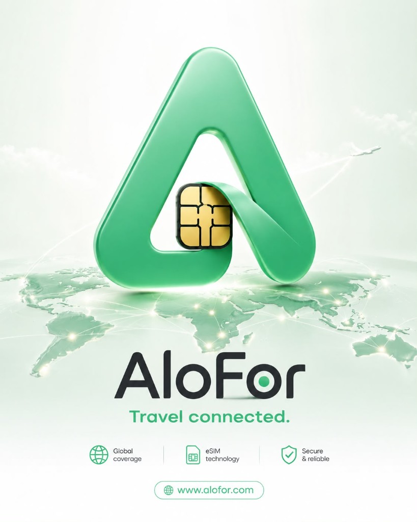AloFor brand poster — Travel connected with global eSIM coverage