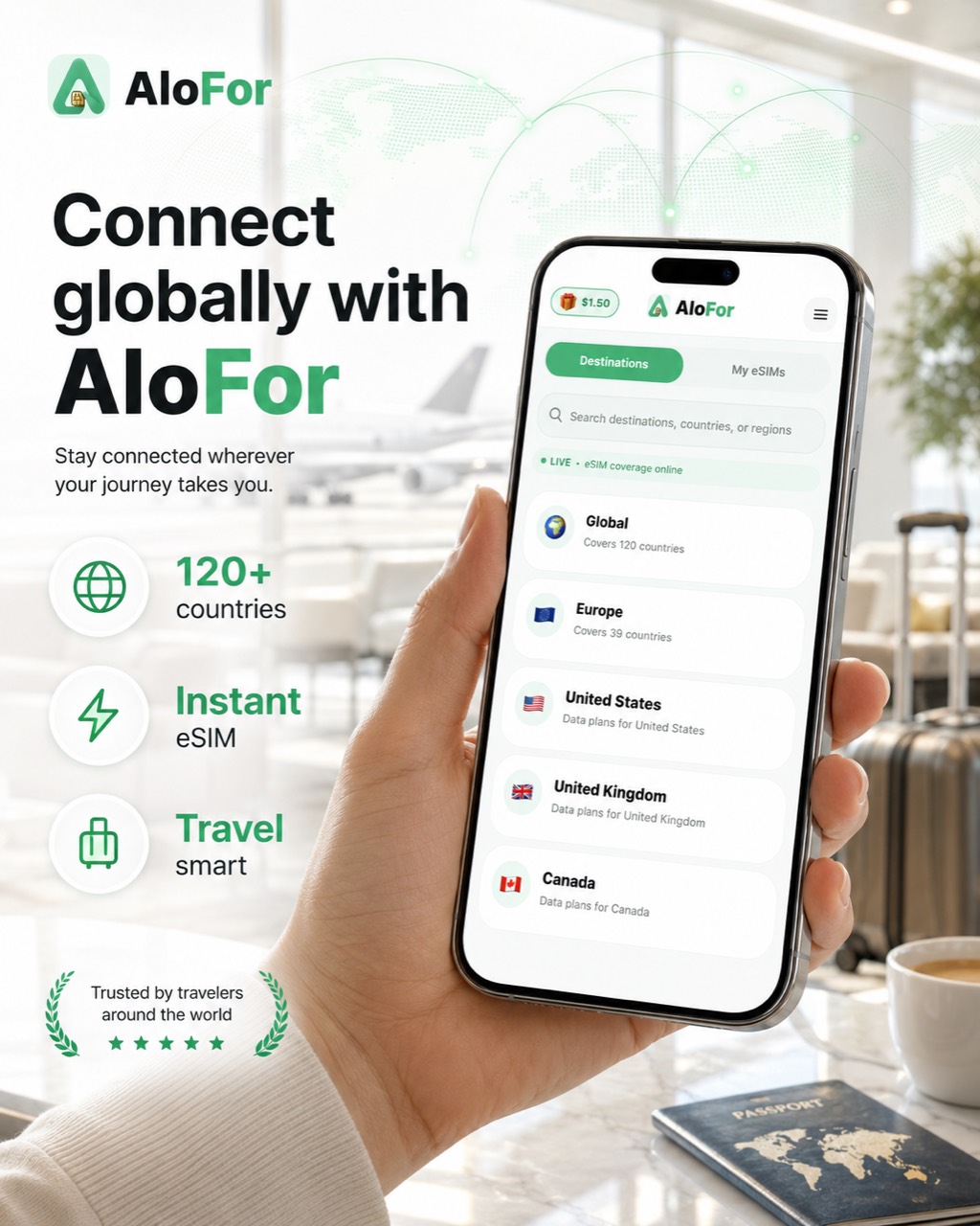 AloFor travel eSIM app image for global mobile data connection