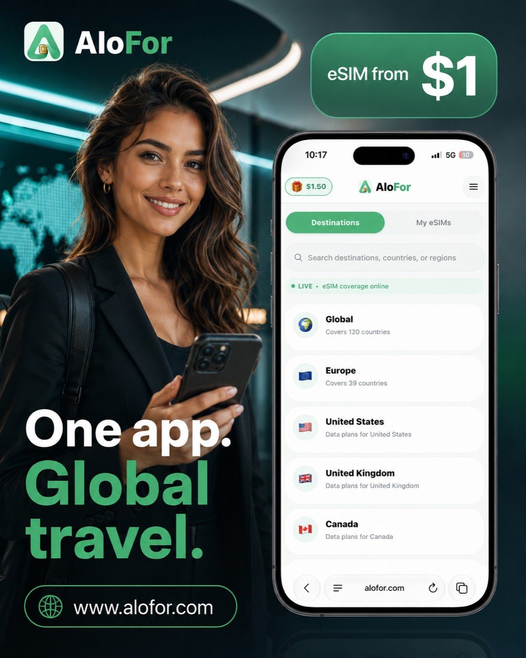 AloFor travel eSIM app preview with eSIM plans from $1 where available