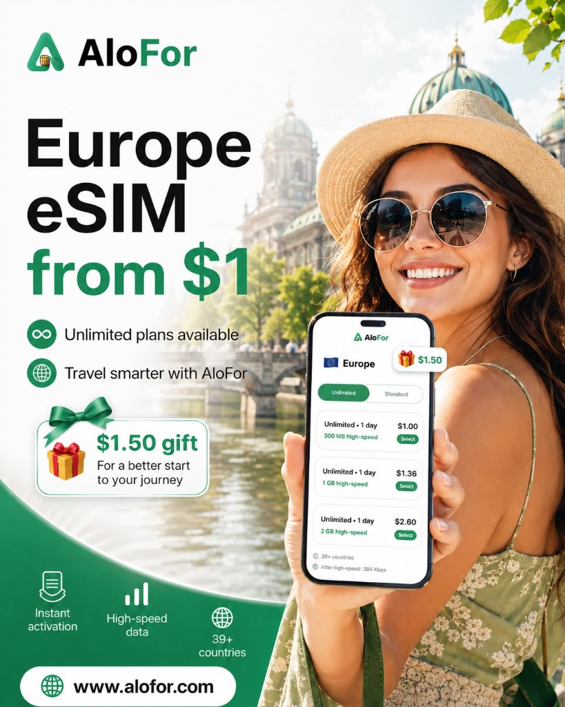 Europe eSIM from $1 with unlimited plans — AloFor app preview