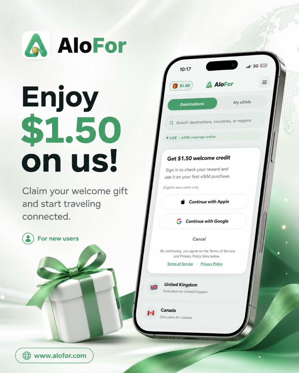 AloFor welcome credit for global eSIM plans