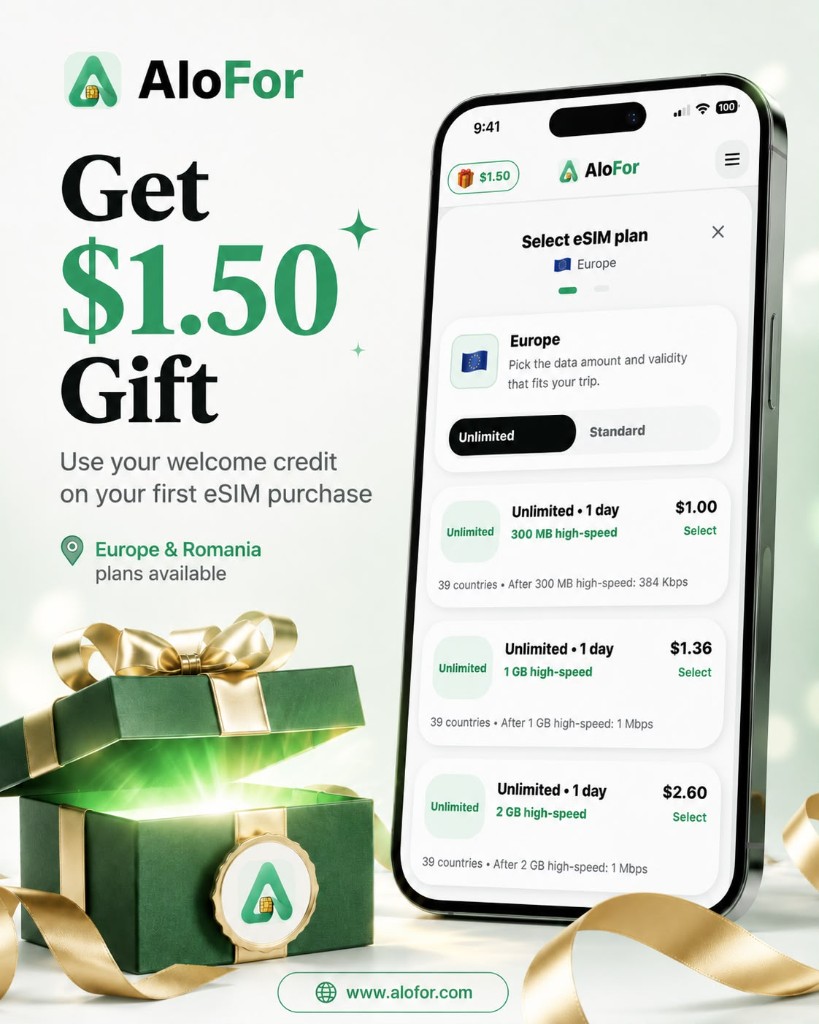 AloFor $1.50 welcome gift for Europe and Romania eSIM plans